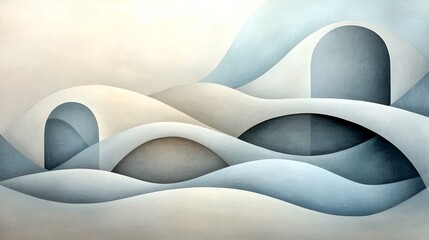 Poster - Serene and Delicate Abstract Landscape Composition with Organic Flowing Forms and Soft Textural Brushstrokes in Muted Tones of Gray and Blue Evoking a Tranquil and Minimalist Modernist Aesthetic
