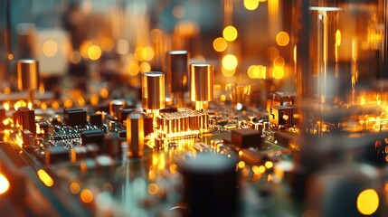 Poster - Close-Up View of Circuit Board with Glowing Components and Lights