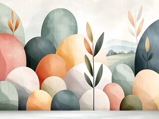 Poster - Serene abstract landscape composition featuring a calming pattern of interconnected rounded forms in a muted color scheme of soothing earth tones  Gentle brushstrokes create a fluid