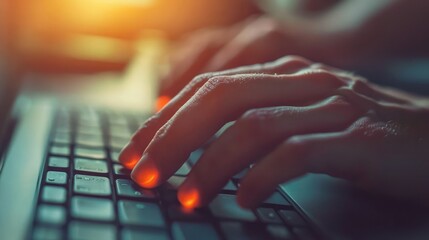 Poster - Close-Up of Hands Typing on Laptop Keyboard with Sunset Glow