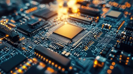 Poster - Close-up View of Circuit Board with Microchip and Light Details