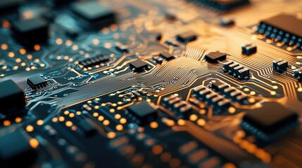 Poster - Close-up View of Circuit Board with Glowing Microchips and Lines