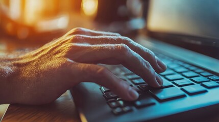 Poster - Close-up View of Hand Typing on Laptop Keyboard in Warm Lighting