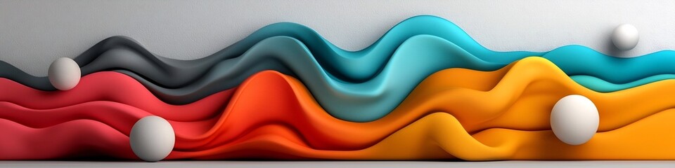 Poster - Visually striking 3D rendered abstract graphic design showcasing the frequency spectrum from low to high frequencies  Featuring dynamic fluid waves and curves in a vibrant colorful