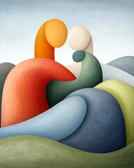 Poster - Harmonious arrangement of flowing abstract curvilinear shapes in soft muted shades delicate balance of positive and negative space gentle gradients and blended edges