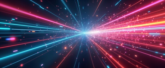 Poster - Dynamic abstract illustration. Vivid colors, lights create motion effect. Lines, particles move like speed in digital space. Futuristic visual. Abstract background with neon colors, speed concept.