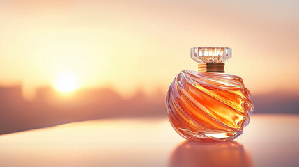 Perfume bottle on yellow and black backgrounds with glass container and aromatic liquid