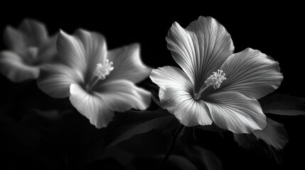 Sticker - Monochrome close-up of three hibiscus flowers against a black background.