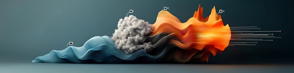 Poster - A digital 3D rendered showcasing the dynamic flow and spectrum of electromagnetic waves with labels indicating their various frequencies and frequencies