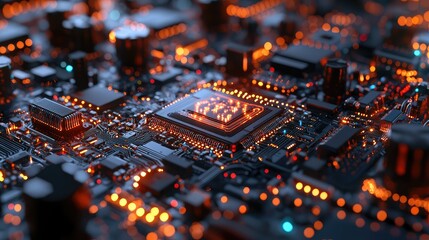 Poster - Close-Up View of Circuit Board with Bright Orange Lights and Components