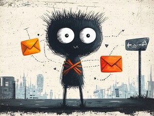 Poster - Whimsical doodle character with intertwined navigation markers and envelope icons set against a textured dystopian city landscape backdrop