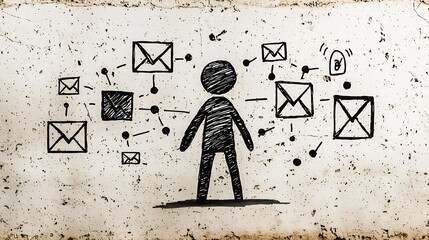 Poster - Quirky doodle figure navigating a virtual networking landscape with interconnected waypoints mail icons and a muted textured abstract background