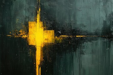 Canvas Print - Abstract painting; dark, textured; yellow cross.