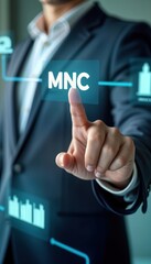 Poster - Businessman interacts with virtual touch screen. Selecting Mnc abbreviation. Scene illustrates business strategy concept. Standardizing products globally to improve efficiency, risk management.