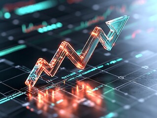 Poster - A meticulously crafted financial chart with an upward trending arrow symbolizing a prosperous economic forecast depicted with a sleek technological approach akin to Swiss graphic design