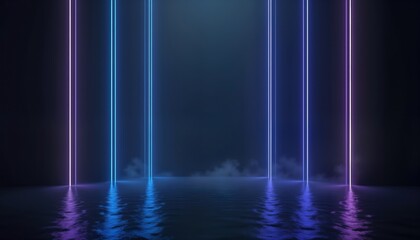 Poster - Empty futuristic showcase scene. Neon light lines create abstract geometric shapes. Dark studio interior with water reflection. Modern, digital design with vibrant colours, glow. Suitable for product