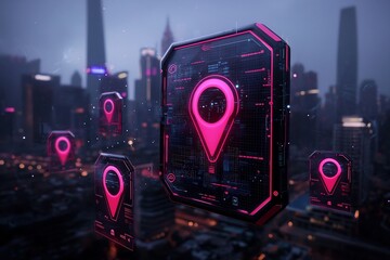 Poster - Futuristic Cyberpunk inspired cityscape with a moody impressionistic atmosphere featuring a minimalist user interface navigation markers and expressive digital glitches