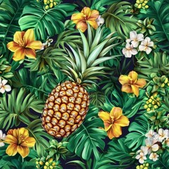 Poster - Tropical seamless pattern featuring vibrant pineapples and exotic flowers with lush green leaves throughout. Generative AI