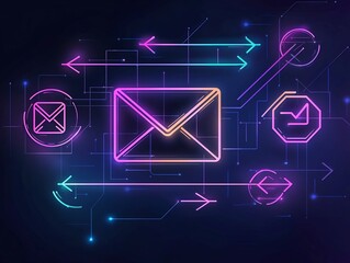 Poster - Borderless digital communication and alliance metaphor featuring freehand user navigation with arrow icons and envelope glyph layered on a moody gradient backdrop with simplified shapes and forms