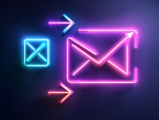 Poster - Borderless Communication and Digital Alliance Metaphor with Intuitive User Navigation Featuring Arrows and Envelope Glyph on Moody Gradient Backdrop in Retrofuturistic Style