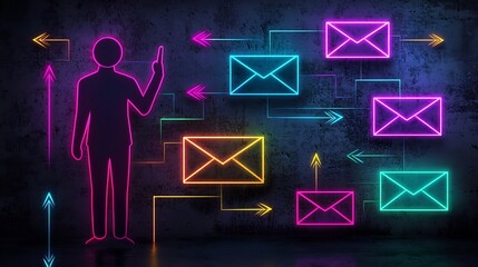 Poster - Global Communication and Social Network Concept with Freehand User Silhouette and Vibrant Arrows and Envelopes Pointing in Multiple Directions on a Dark Abstract Background