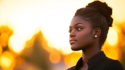 Wall Mural - A profile of a young woman against a sunset backdrop, conveying contemplation and beauty.