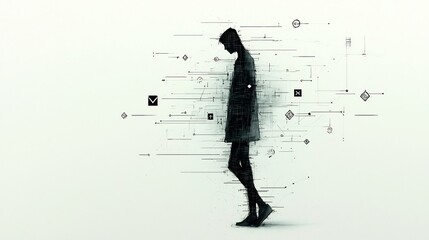 Poster - Minimalist sketch style silhouette figure set against a backdrop of shadowy high contrast urban landscape filled with abstract geometric symbols directional markers