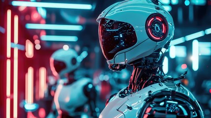 Poster - Futuristic Robots with Neon Lights in a High-Tech Environment