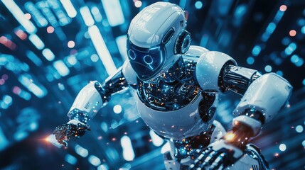 Poster - Advanced Humanoid Robot in Futuristic Neon Environment