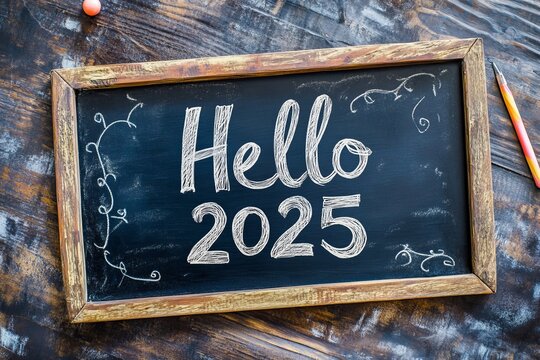 Handwritten Hello 2025 greeting on a chalkboard.