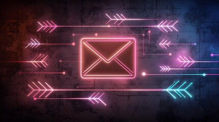 Poster - Freehand digital symbolizing international digital connectivity and information exchange surrounded by flowing arrows and envelope icon on a moody