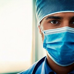 Portrait of a male surgeon in surgical mask and cap close-up in a medical setting