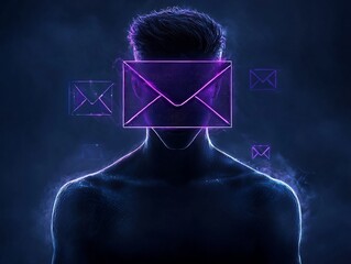 Poster - Futuristic digital art depicting the concept of transnational communication and data exchange featuring a minimalist human silhouette envelope symbol and various interface icons in a dark
