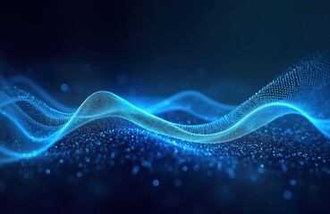 Leinwandbilder - Abstract blue wavy lines with glowing dots on dark background. Dynamic tech design. Modern illustration. Futuristic concept. Digital music wave form. Glowing particles create flowing effect. Blue