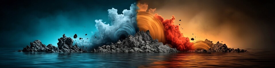 Poster - Dramatic and visually striking depicting the powerful propagation of seismic waves through the Earth s crust creating a captivating and apocalyptic like scene of explosion lava fire