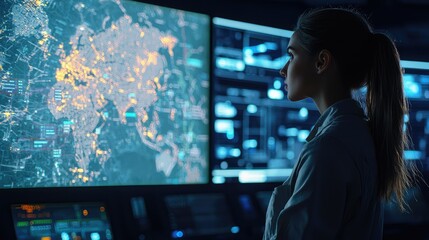 Poster - Woman Analyzing Data and Maps in a High-Tech Control Room