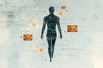 Poster - A solitary human outline figure stands against a muted  high contrast digital backdrop  adorned with navigational arrows and an envelope symbol