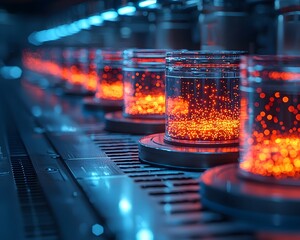 Poster - futuristic biotech lab with holographic petri dishes displaying microbial visualizations