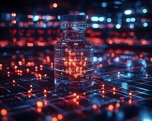 Poster - futuristic virtual drug development lab with holographic chemical compound display