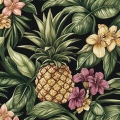 Poster - Tropical seamless pattern of lush leaves and vibrant pineapples presenting a lively oasis. Generative AI