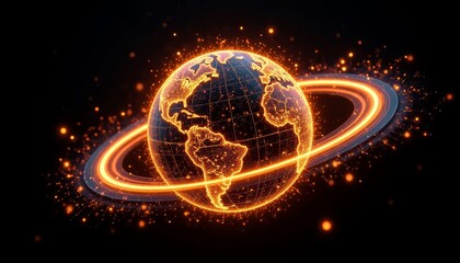 Wall Mural - Glowing Earth with orange ring and particles on black background