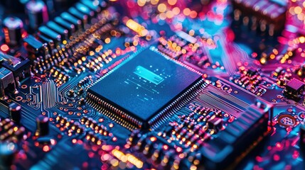 Poster - Close-Up View of Colorful Circuit Board with Microchip and Lights