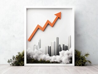Poster - Elegant white frame showcasing a rising graph with a bold upward pointing arrow conveying a thriving financial market with a sleek and minimalist