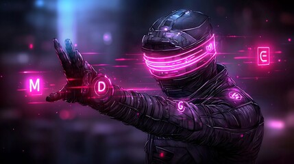 Poster - Futuristic cyborg figure navigating through a vibrant neon lit dystopian cityscape guided by holographic markers and emblems  The scene has a retrofuturistic