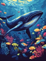 Poster - Majestic whale swimming among vibrant fish in a coral reef at dusk in the ocean. Generative AI