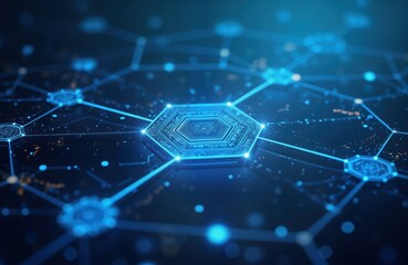 Poster - Futuristic blue hexagon tech design. Abstract geometric pattern shows intricate network connections. Modern graphic style. High-resolution image suitable for presentations, web designs. Network