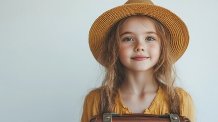 Poster - A cute little girl with long hair wearing a straw hat and holding a vintage suitcase.