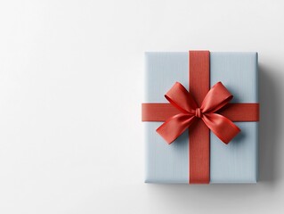 Poster - Luxurious gift box with an elegant red ribbon featuring a 3D visualization that captures the refined Scandinavian design influence with soft shadows and muted colors creating a clean