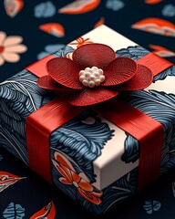 Poster - Beautifully Crafted Crimson Ribbon Adorned Gift Box with Intricate 3D CGI Texture and Sophisticated Mid Century Modern Design Aesthetic