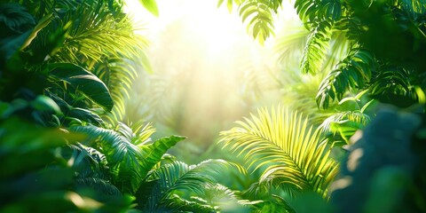 Poster - Lush green jungle with a sun shining through the trees